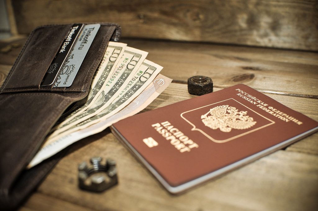 Passaporte e carteira com dólares e cartões