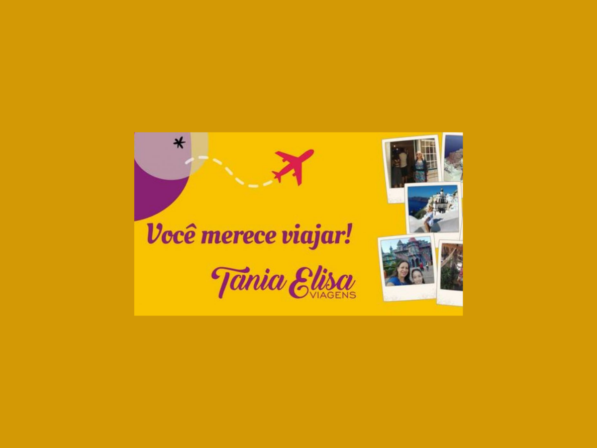 Slogan da Tania Elisa Viagens em fundo amarelo